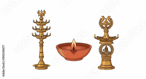 Traditional oil lamps, one with multiple tiers, and a decorative stand