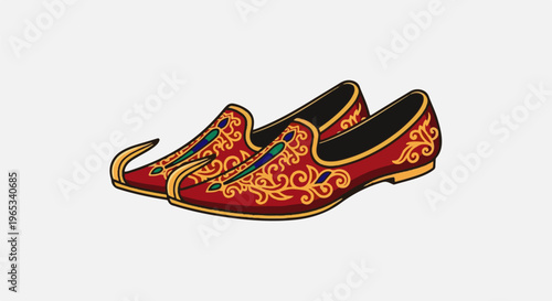 Traditional red patterned footwear with pointed curled toes