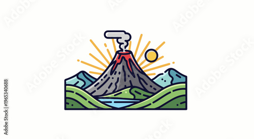 Stylized volcano erupting with molten rock, steam, and radiant sun