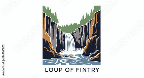 Stylized waterfall cascades down rugged cliffs into a winding river below