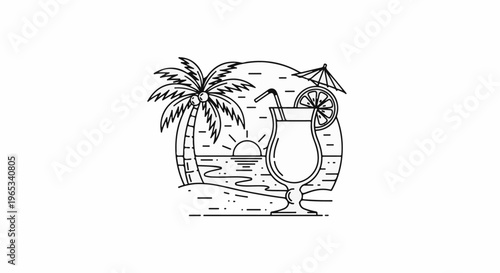 Tropical beach scene with palm tree, sunset, ocean, and a refreshing drink