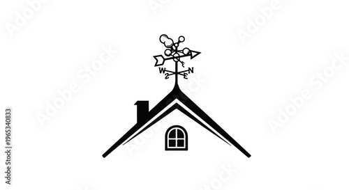 Stylized silhouette of a house roof with chimney, window, and weathervane