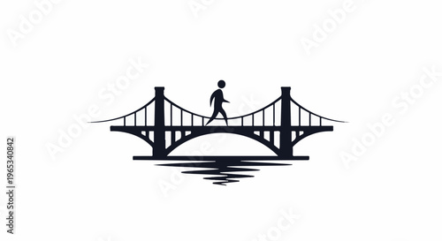 Stylized silhouette of a person walking across a suspension bridge over water