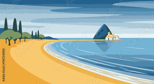 Sunny coastal scene with a sandy beach, trees, and a small house on a rocky outcrop