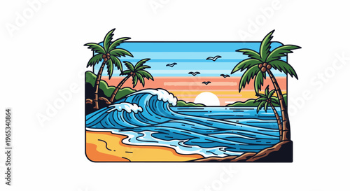 Tropical beach scene with crashing waves, palm trees, and sunset