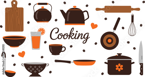 Cooking utensils and kitchen elements collection with teapot pan whisk and coffee theme vector illustration set