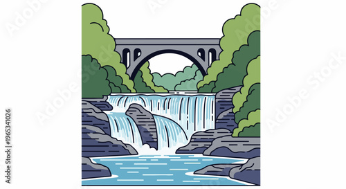 Stylized waterfall cascades over rocks beneath a stone arch bridge