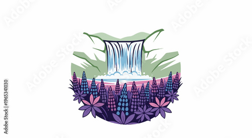 Stylized waterfall cascades into water surrounded by purple and pink lupine flowers