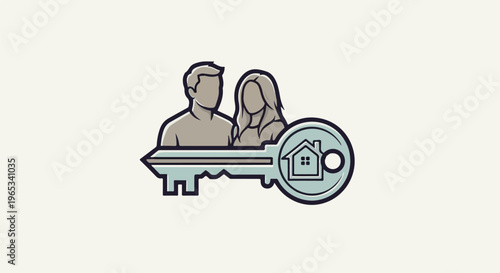 Stylized silhouettes of a couple above a house-shaped key, symbolizing home ownership