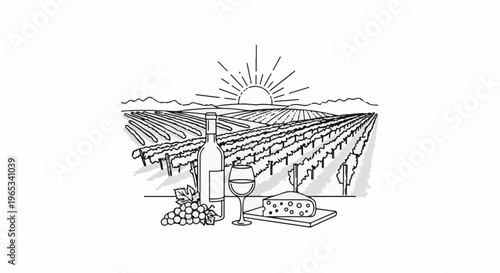 Sunlit vineyard with wine, cheese, and grapes on a wooden board