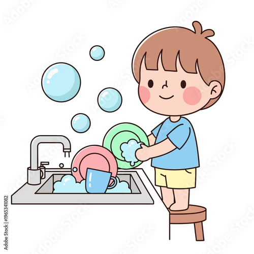 Cute cartoon child washing dishes in kitchen sink with bubbles, helping with chores
