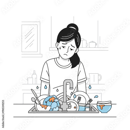 Frustrated Woman Doing Dishes, Pile of Dirty Kitchenware in Sink