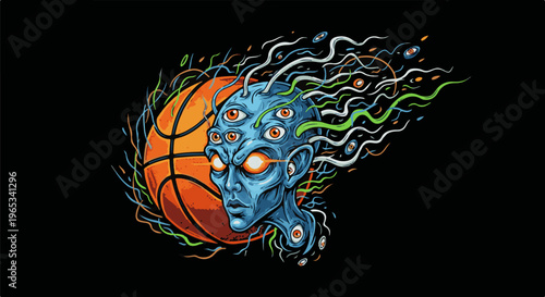 Surreal basketball player with multiple eyes and flowing energy streams on black