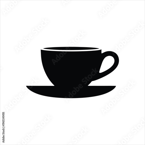 A simple black silhouette of a teacup and saucer on a white background