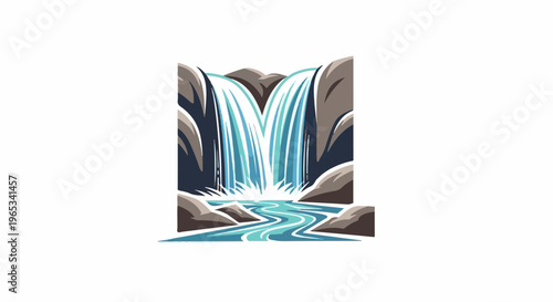 Stylized waterfall cascades over rocks into a flowing blue river
