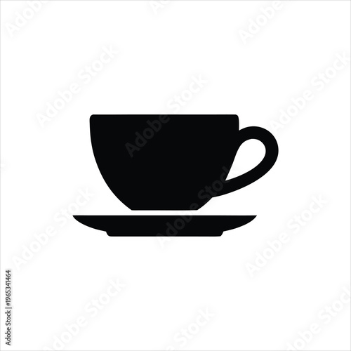 A simple black silhouette of a teacup and saucer on a white background