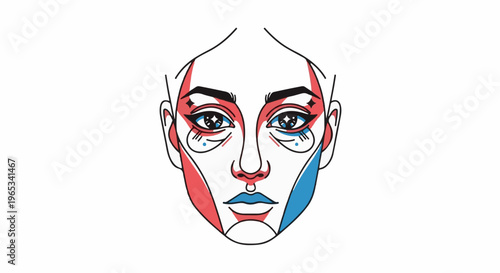 Stylized portrait of a face with bold makeup and geometric shapes