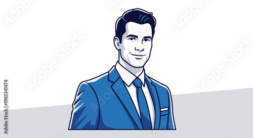 Stylized portrait of a man in a blue suit, looking directly ahead with a slight smile