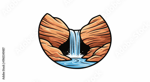 Stylized waterfall cascading between rocky canyon walls into a pool