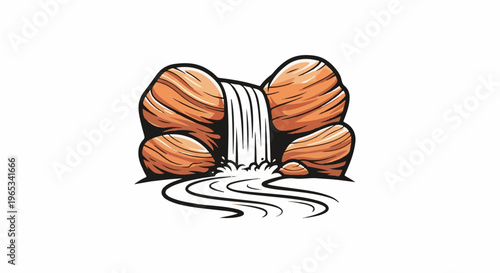 Stylized waterfall cascading over orange rocks into a flowing stream