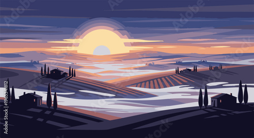 Stylized pixel art landscape of rolling hills at sunrise with cypress trees