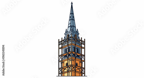 Tall spire with scaffolding, undergoing renovation