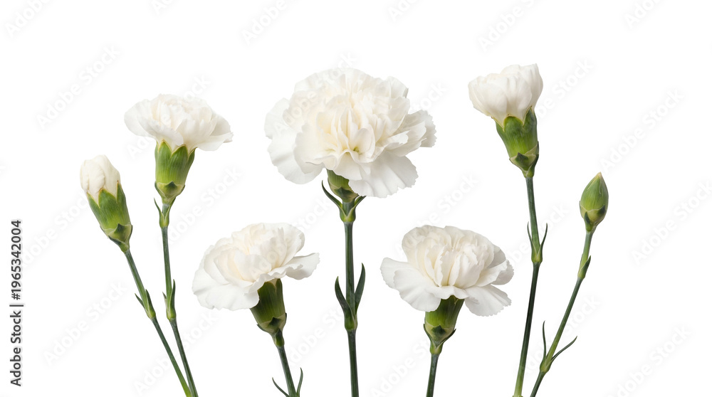 Obraz premium Fresh white carnation flowers with lush green stems and closed buds, gracefully isolated on a transparent background.