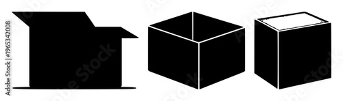 Solid black icon, white background: container software box icon set with simple line art design featuring line art, illustrations, graphic resources with vector and design elements