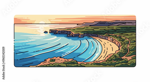 Stylized pixel art of a serene coastal bay at sunset with gentle waves