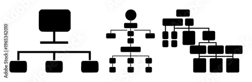 Solid black icon, white background: sitemap hierarchy structure set with simple line art design featuring line art, illustrations, graphic resources with vector and design elements