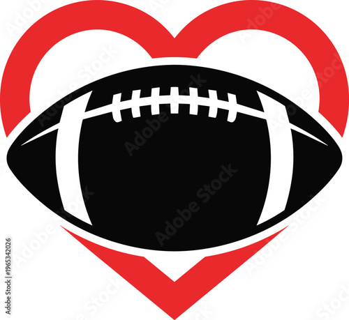 American football ball inside red heart shape symbol for sports fans and romance