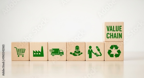 Value chain concept represented with wooden blocks isolated on transparent background