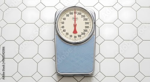 A vintage bathroom scale sits on a white hexagonal tile floor with a dial and red needle.