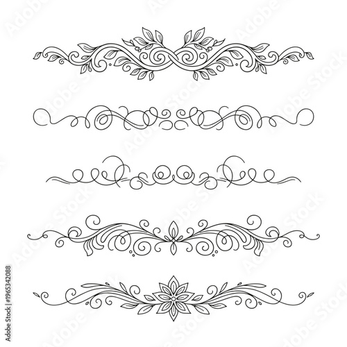 Set of ornamental floral dividers and decorative line elements in elegant vintage style on clean background. Concept of design accents, visual framing and aesthetic enhancement for invitations, brandi