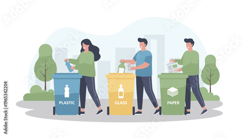 People sorting waste into recycling bins for plastic, paper and glass in flat vector illustration style. Concept of responsible consumption, waste separation and sustainable habits in everyday life.
