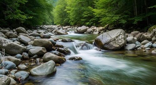 A serene river flows gently over rocks in a lush forest landscape with large boulders and greenery.