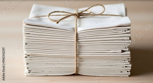 A stack of papers tied with twine on a wooden surface appears organized