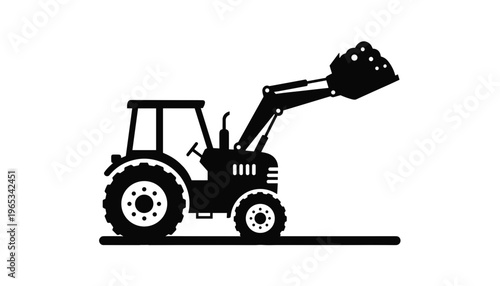 Black silhouette of tractor with front loader bucket isolated on clean background in vector illustration style. Concept of construction work, land development and heavy equipment for industrial and ag