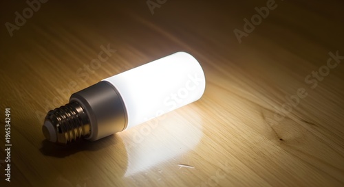 A glowing light bulb lies on a wooden surface in a dark room.