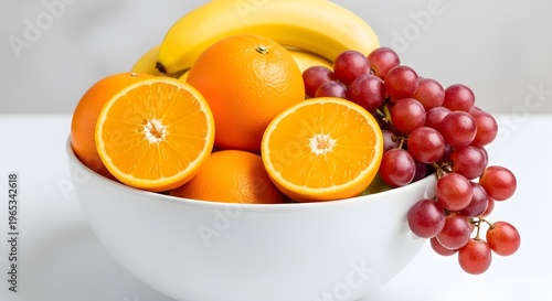 Fresh fruit bowl with oranges, grapes, and banana on table indoors