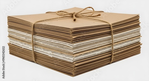 A stack of brown and white paper sheets tied with twine on a plain background