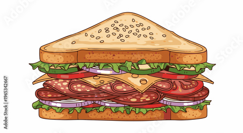 Tall, triangular sandwich with layers of meat, cheese, vegetables, and bread