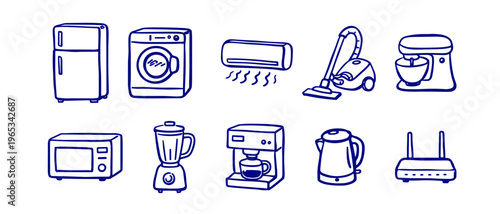 Home appliances icons set in blue line style, refrigerator washing machine microwave coffee maker kettle vacuum cleaner and more hand drawn