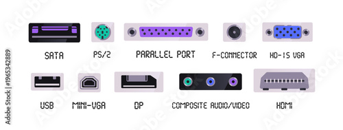 Types of ports set. Connectors for different plugs- USB, HDMI, mini VGA and composite audio video. Signs of sockets for device cables. Flat isolated vector illustrations on white background