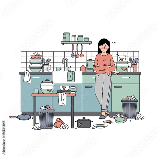 Overwhelmed Woman Stares at Messy Kitchen, Dishes Piled High, Chore Overload
