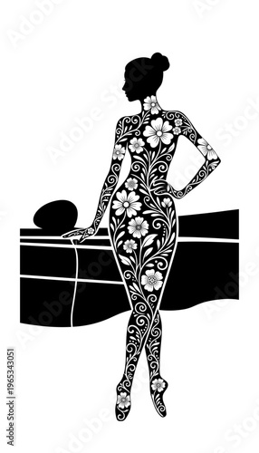 Abstract female silhouette standing in confident pose filled with intricate ornamental patterns on clean background. Concept of self assurance, elegance and personal identity expressed through decorat