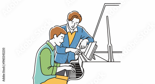 Teacher guiding student at piano with sheet music