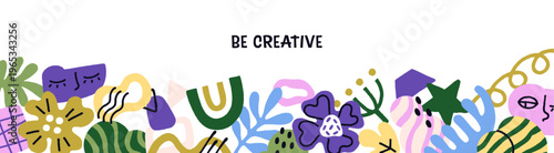 Design of border om different doodle shapes, abstract textures and elements. Banner with frame from flowers, figures, curves and leaves. Flat isolated vector illustration on white background