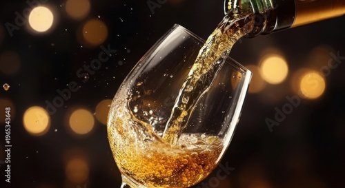 Champagne pouring into a glass with bokeh lights background