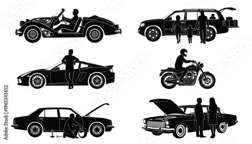 Collection of vehicle silhouettes with drivers and passengers in various roadside and travel situations on clean background. Concept of mobility scenarios, lifestyle diversity and everyday transport i